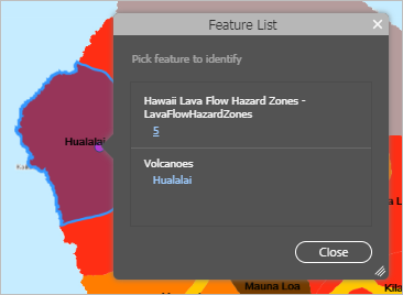 Feature list pop-up with map feature highlighted Feature list pop-up with map feature highlighted